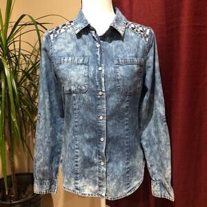 Chambray Denim Snap Front Western Blouse Top Shirt Size Large Juniors